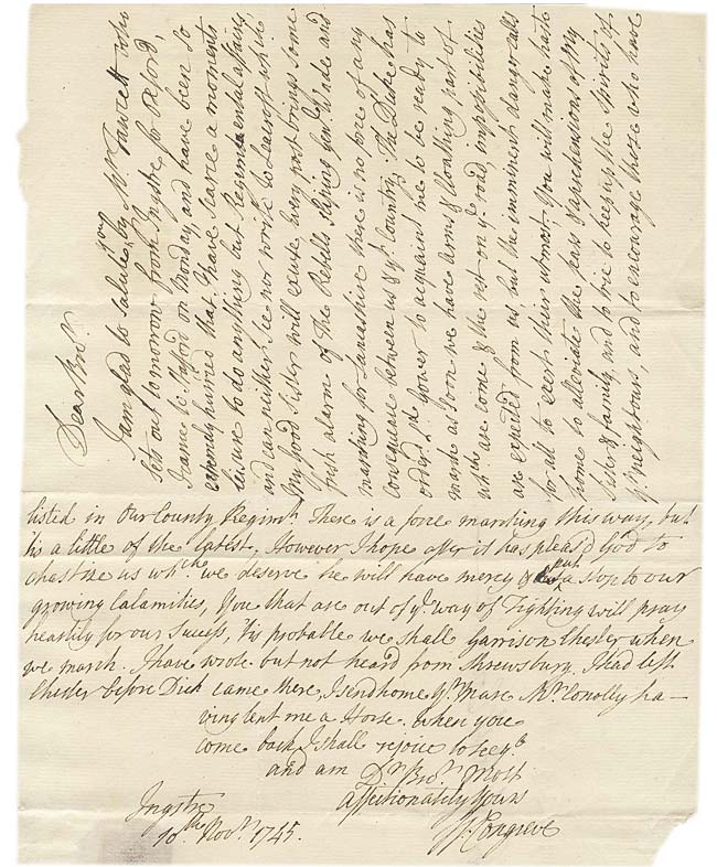 Letter concerning preparations against the Young Pretender, 1745
