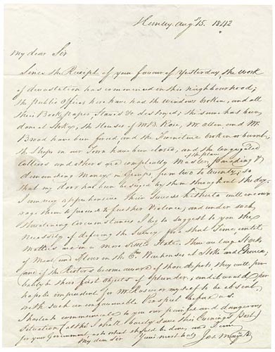 Letter from Joseph Mayer to Francis Twemlow of Betley Court, describing the Chartist riots in Hanley and Stoke, 1842 ( Click to zoom in )