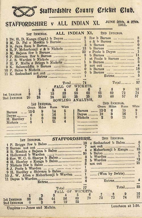 Score card for the match between Staffordshire County Cricket Club and the All Indian XI