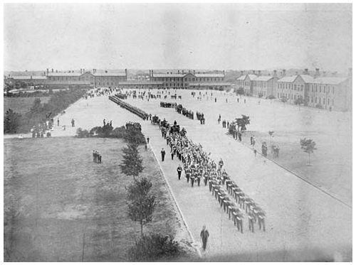 A funeral column passes out of the main parade square in about 1890 image